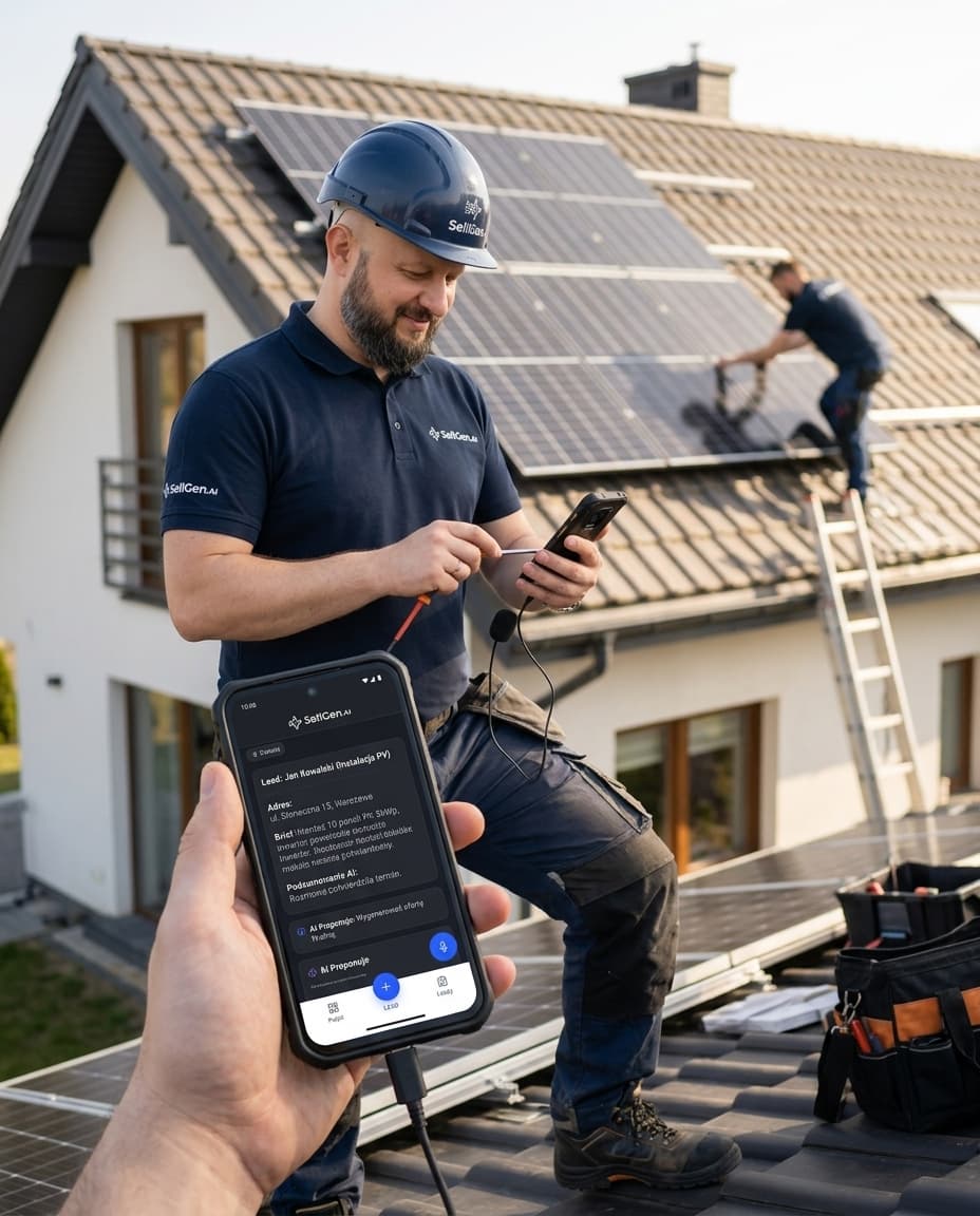 Monter fotowoltaiki na dachu z aplikacją SellGen na telefonie — lead i brief oferty w terenie