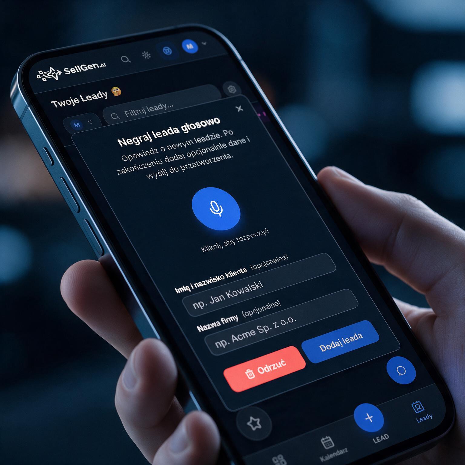 Nagrywanie nowego leada głosowo w aplikacji SellGen na telefonie