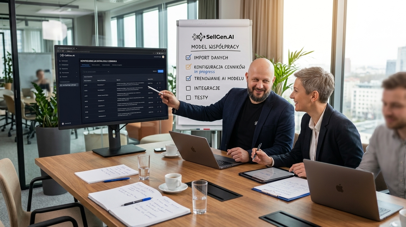 Warsztat wdrożeniowy SellGen z klientem — konfiguracja katalogu i cennika na ekranie, flipchart z planem wdrożenia